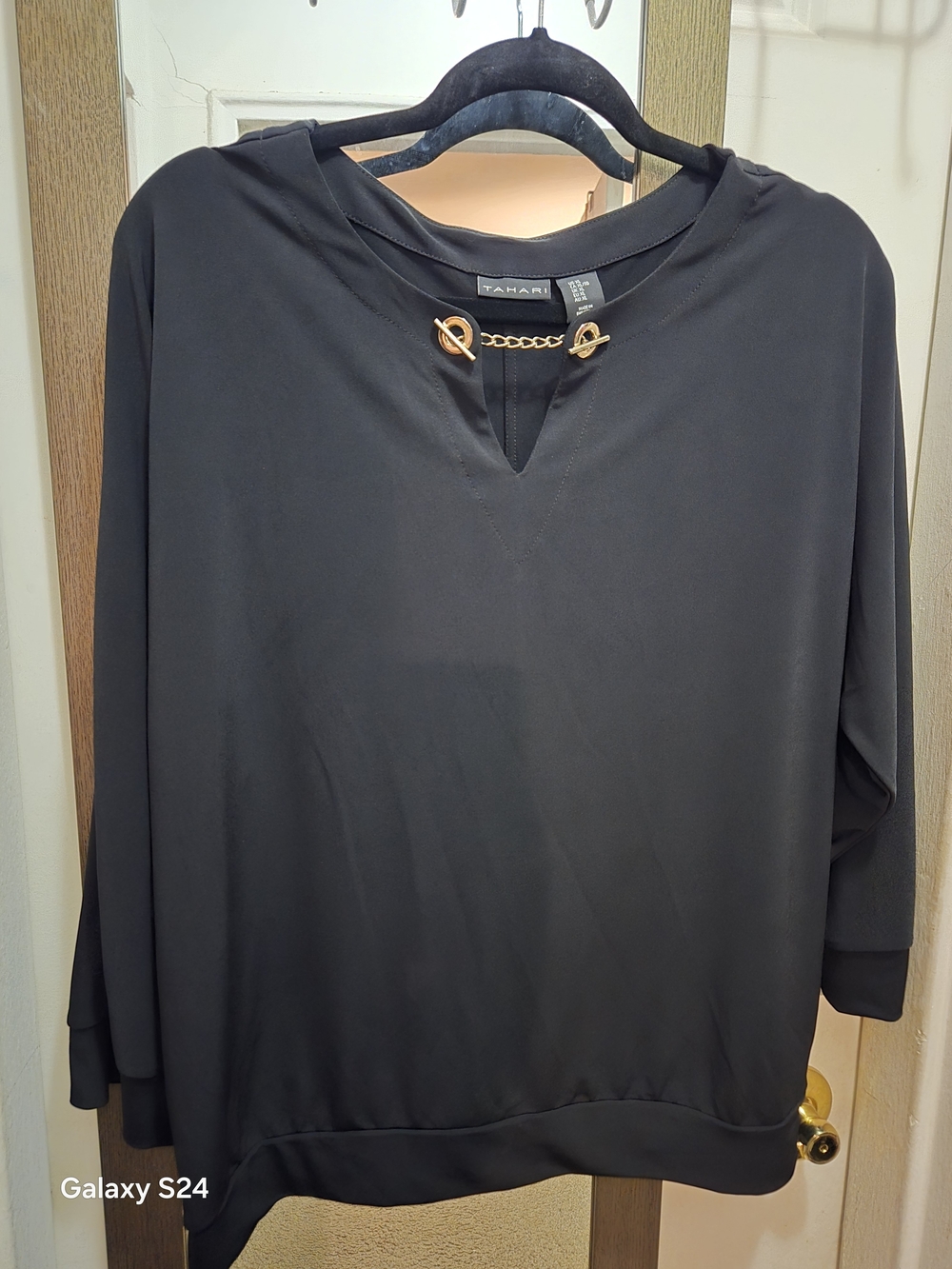 Tahari Black Long-Sleeve Top with Gold Chain Detail